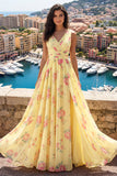Yellow V-Neck Ruched A Line Floral Ball Dress with Slit