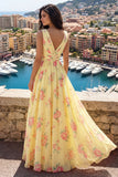 Yellow V-Neck Ruched A Line Floral Ball Dress with Slit