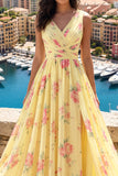 Yellow V-Neck Ruched A Line Floral Ball Dress with Slit