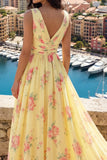 Yellow V-Neck Ruched A Line Floral Ball Dress with Slit