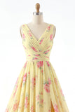 Yellow V-Neck Ruched A Line Floral Ball Dress with Slit