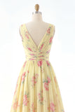 Yellow V-Neck Ruched A Line Floral Ball Dress with Slit