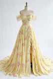 Sparkly Yellow Floral Off the Shoulder Ruffled Long Ball Dress with Beading