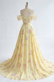 Sparkly Yellow Floral Off the Shoulder Ruffled Long Ball Dress with Beading