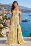 Sparkly Yellow Floral Off the Shoulder Ruffled Long Ball Dress with Beading
