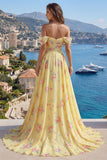 Sparkly Yellow Floral Off the Shoulder Ruffled Long Ball Dress with Beading