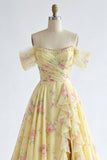 Sparkly Yellow Floral Off the Shoulder Ruffled Long Ball Dress with Beading