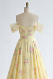 Sparkly Yellow Floral Off the Shoulder Ruffled Long Ball Dress with Beading