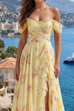 Sparkly Yellow Floral Off the Shoulder Ruffled Long Ball Dress with Beading