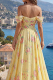 Sparkly Yellow Floral Off the Shoulder Ruffled Long Ball Dress with Beading