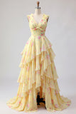 Yellow V-Neck A Line Floral Long Ball Dress with Ruffles