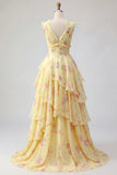 Yellow V-Neck A Line Floral Long Ball Dress with Ruffles
