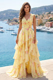 Yellow V-Neck A Line Floral Long Ball Dress with Ruffles