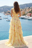 Yellow V-Neck A Line Floral Long Ball Dress with Ruffles
