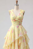 Yellow V-Neck A Line Floral Long Ball Dress with Ruffles