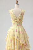 Yellow V-Neck A Line Floral Long Ball Dress with Ruffles