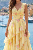 Yellow V-Neck A Line Floral Long Ball Dress with Ruffles