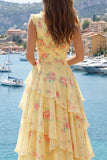 Yellow V-Neck A Line Floral Long Ball Dress with Ruffles