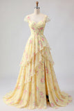 Yellow Cap Sleeves A Line Ruffled Floral Ball Dress with Slit
