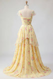 Yellow Cap Sleeves A Line Ruffled Floral Ball Dress with Slit