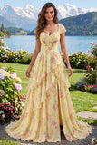 Yellow Cap Sleeves A Line Ruffled Floral Ball Dress with Slit