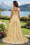 Yellow Cap Sleeves A Line Ruffled Floral Ball Dress with Slit