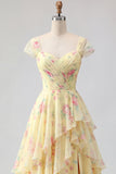 Yellow Cap Sleeves A Line Ruffled Floral Ball Dress with Slit