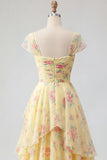 Yellow Cap Sleeves A Line Ruffled Floral Ball Dress with Slit