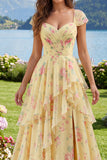 Yellow Cap Sleeves A Line Ruffled Floral Ball Dress with Slit