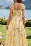 Yellow Cap Sleeves A Line Ruffled Floral Ball Dress with Slit