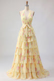Yellow Halter A Line Floral Long Ball Dress with Ruffles
