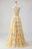 Yellow Halter A Line Floral Long Ball Dress with Ruffles