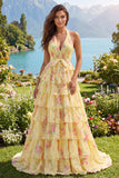 Yellow Halter A Line Floral Long Ball Dress with Ruffles