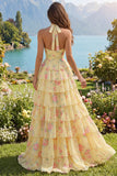 Yellow Halter A Line Floral Long Ball Dress with Ruffles