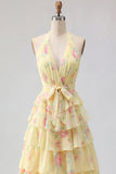 Yellow Halter A Line Floral Long Ball Dress with Ruffles