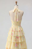 Yellow Halter A Line Floral Long Ball Dress with Ruffles