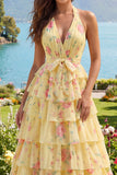Yellow Halter A Line Floral Long Ball Dress with Ruffles