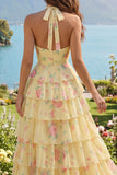 Yellow Halter A Line Floral Long Ball Dress with Ruffles