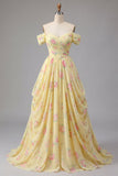Yellow Ruched Off the Shoulder A Line Long Floral Ball Dress