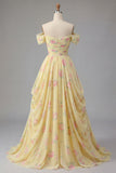 Yellow Ruched Off the Shoulder A Line Long Floral Ball Dress