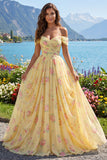 Yellow Ruched Off the Shoulder A Line Long Floral Ball Dress