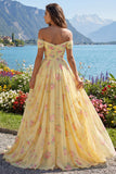 Yellow Ruched Off the Shoulder A Line Long Floral Ball Dress