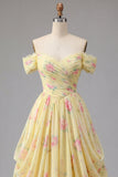 Yellow Ruched Off the Shoulder A Line Long Floral Ball Dress