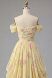 Yellow Ruched Off the Shoulder A Line Long Floral Ball Dress