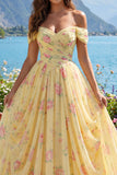 Yellow Ruched Off the Shoulder A Line Long Floral Ball Dress