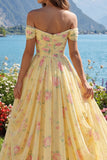 Yellow Ruched Off the Shoulder A Line Long Floral Ball Dress