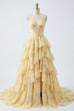 Yellow Spaghetti Straps A Line Corset Floral Ball Dress with Ruffles