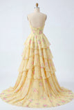 Yellow Spaghetti Straps A Line Corset Floral Ball Dress with Ruffles