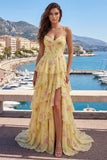 Yellow Spaghetti Straps A Line Corset Floral Ball Dress with Ruffles