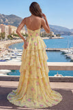 Yellow Spaghetti Straps A Line Corset Floral Ball Dress with Ruffles